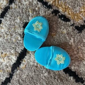Turquoise Satin American Girl Doll slippers with Embroidered Flower